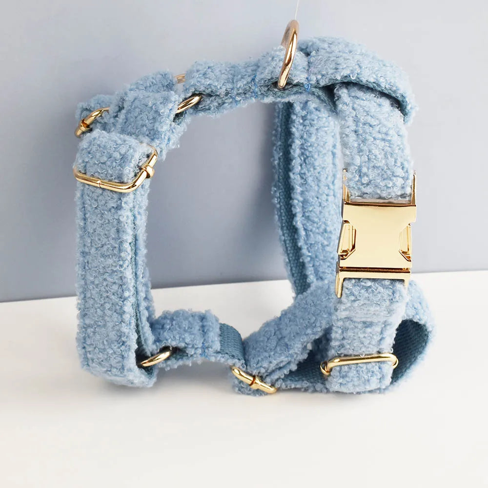 Luxury Teddy dog harness, collar with detachable bow and lead in Blue and Gold
