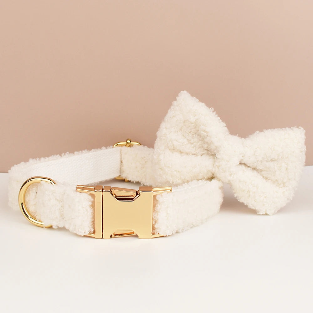 Luxury Teddy dog harness, collar with detachable bow and lead in White and Gold