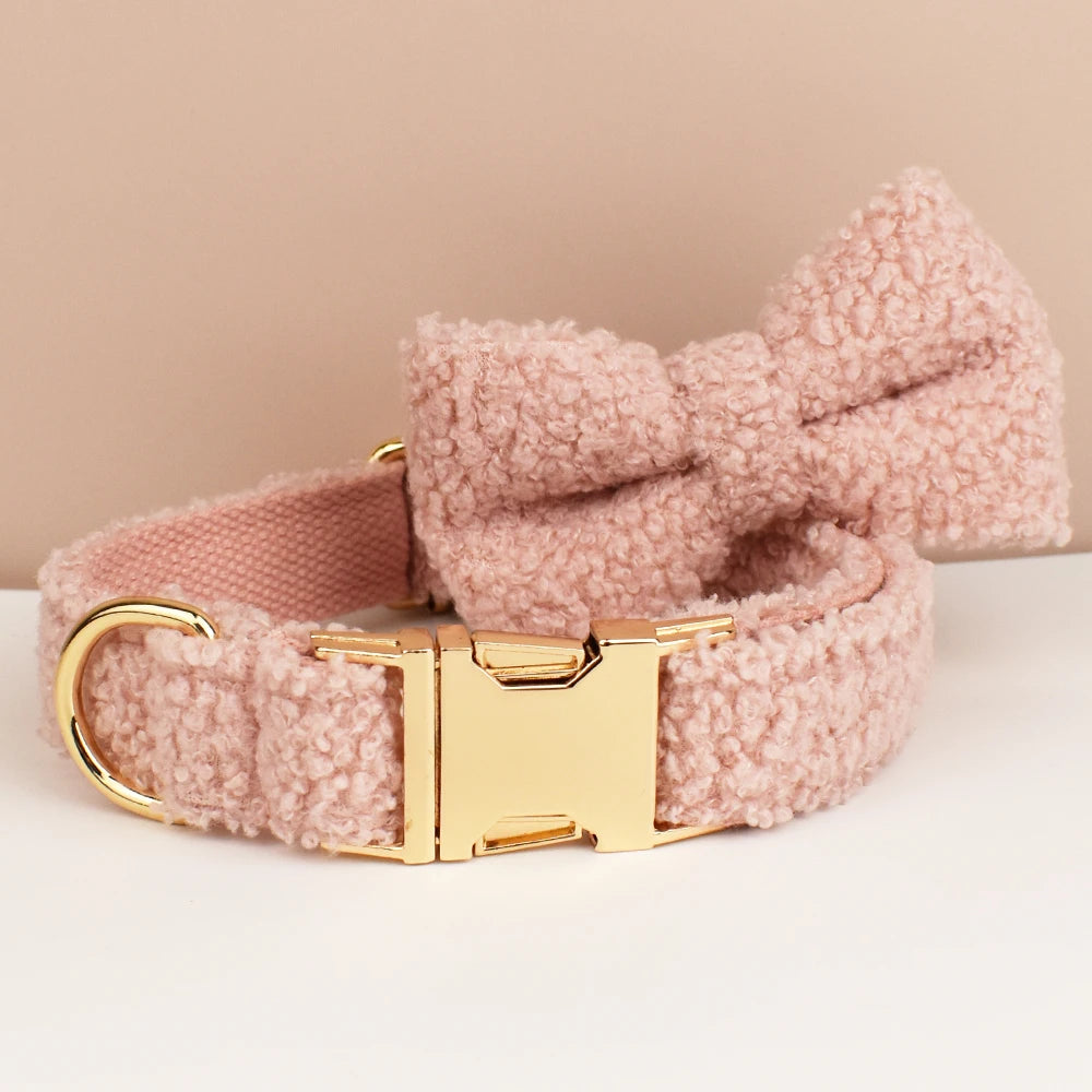 Luxury Teddy dog harness, collar with detachable bow and lead in Pink and Gold