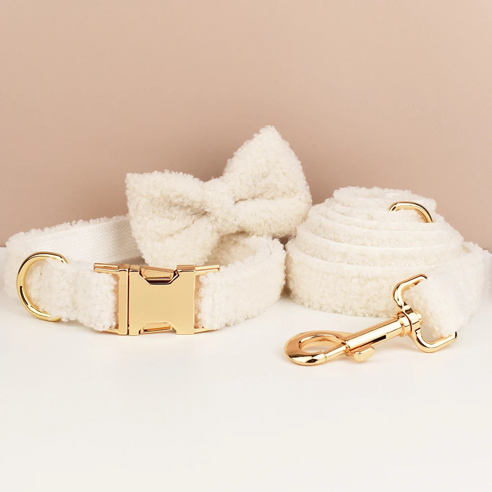 Luxury Teddy dog harness, collar with detachable bow and lead in White and Gold