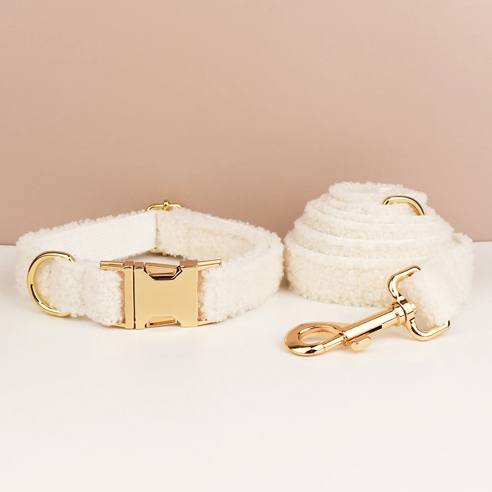 Luxury Teddy dog harness, collar with detachable bow and lead in White and Gold