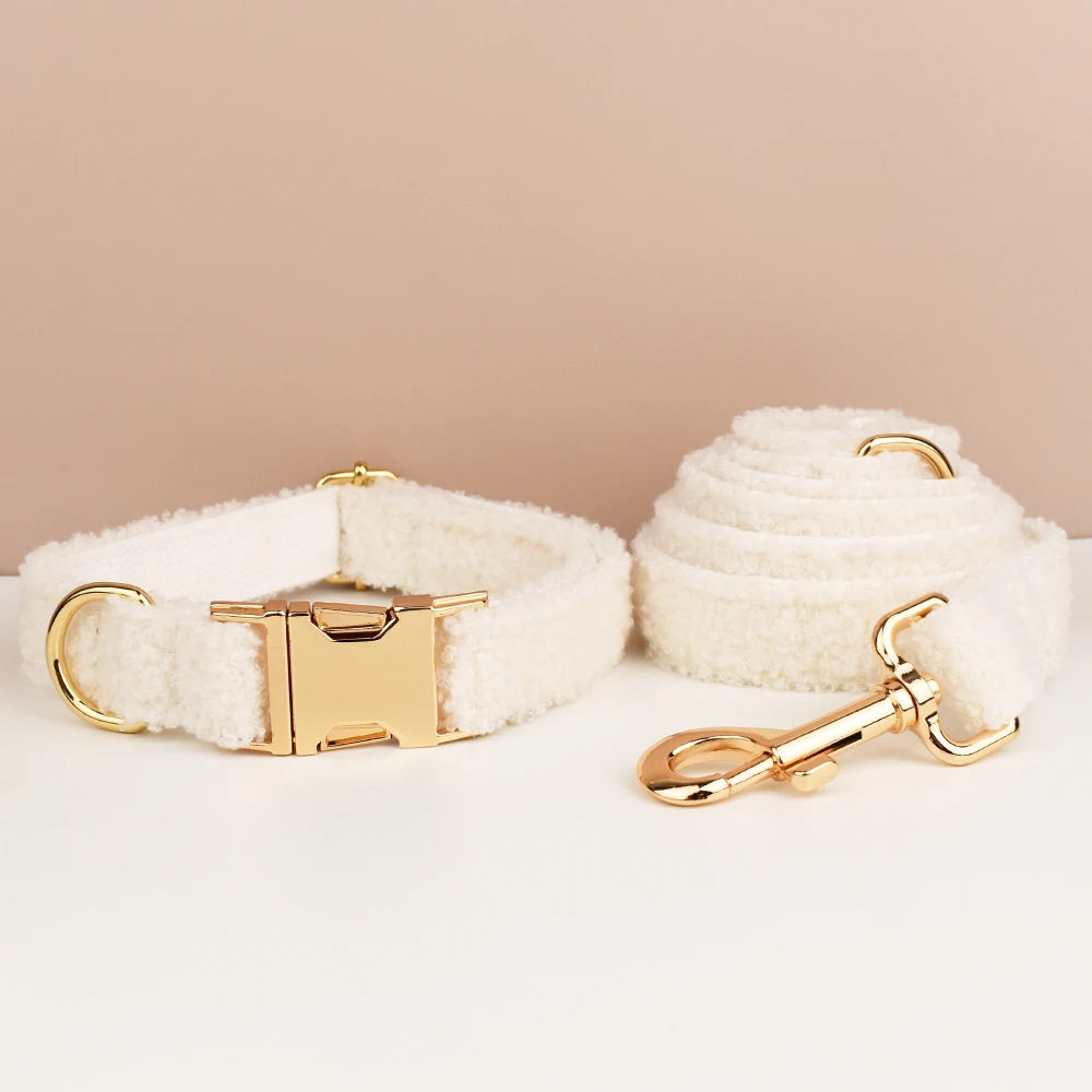 Luxury Teddy dog harness, collar with detachable bow and lead in White and Gold