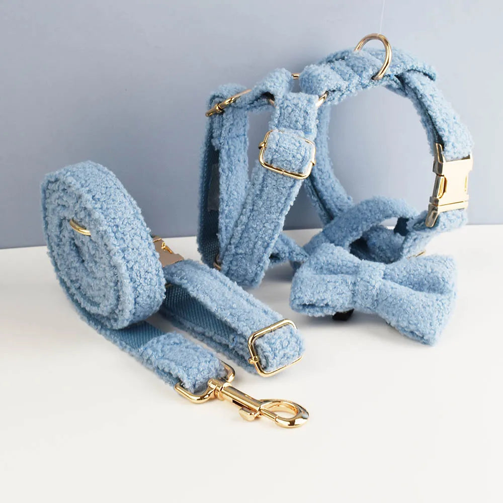 Luxury Teddy dog harness, collar with detachable bow and lead in Blue and Gold