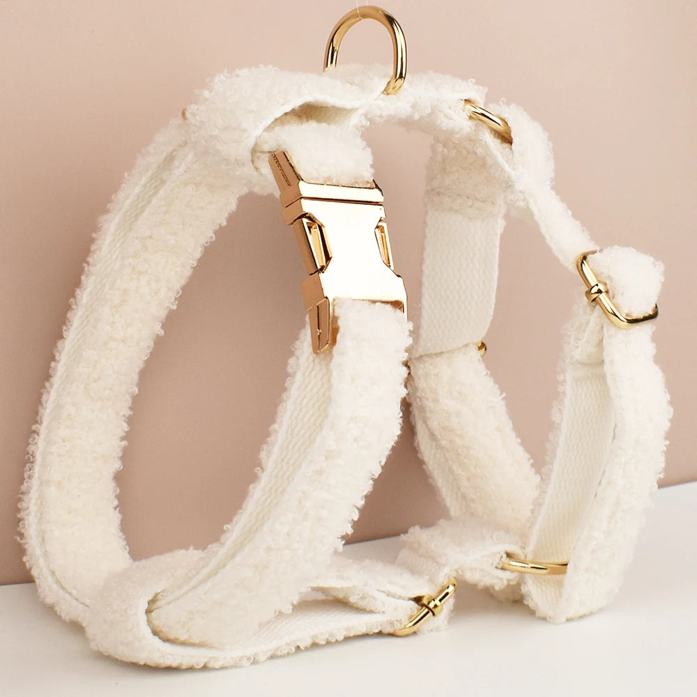 Luxury Teddy dog harness, collar with detachable bow and lead in White and Gold