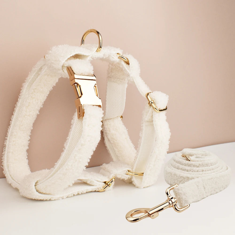 Luxury Teddy dog harness, collar with detachable bow and lead in White and Gold