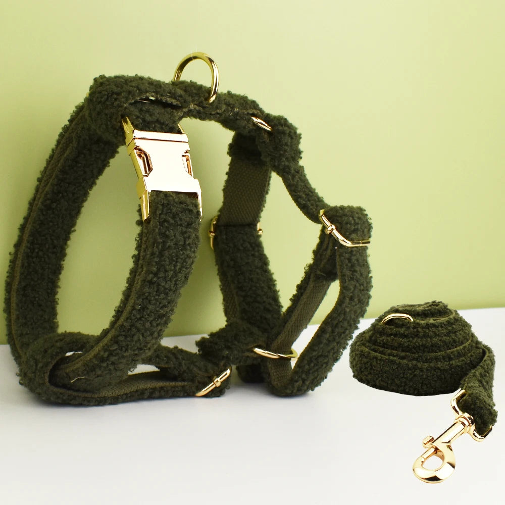 Luxury Teddy dog harness, collar with detachable bow and lead in Green and Gold