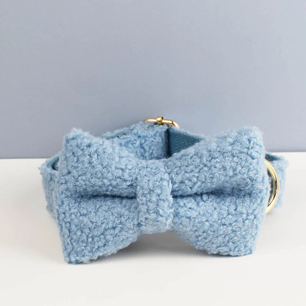 Luxury Teddy dog harness, collar with detachable bow and lead in Blue and Gold