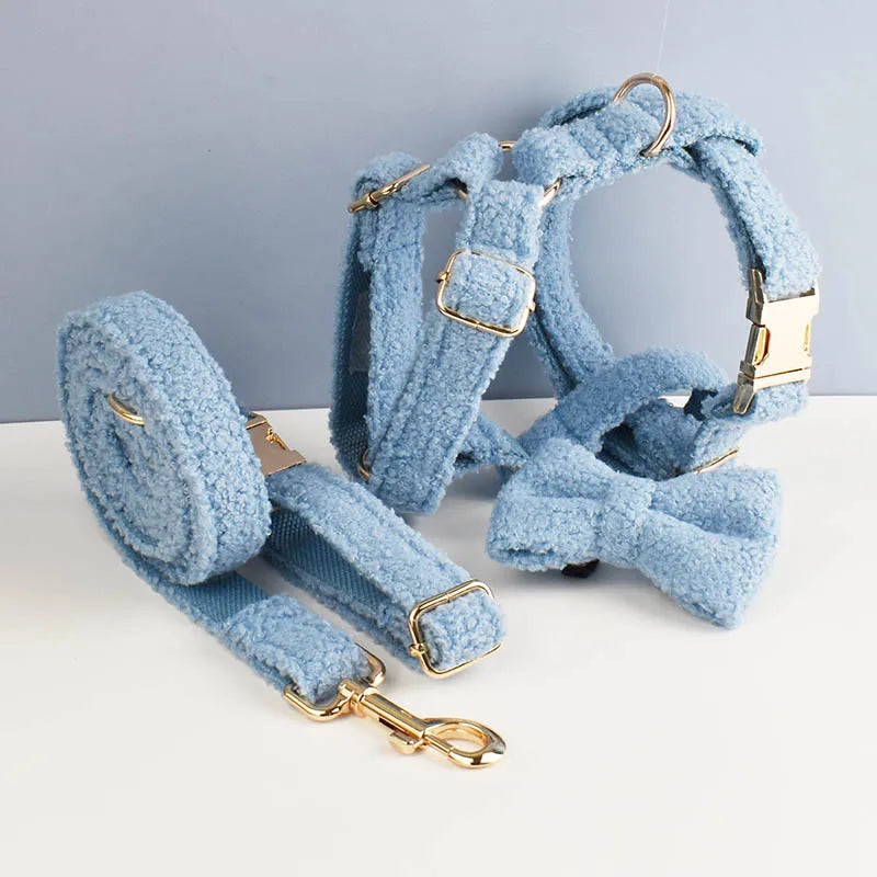 Luxury Teddy dog harness, collar with detachable bow and lead in Blue and Gold
