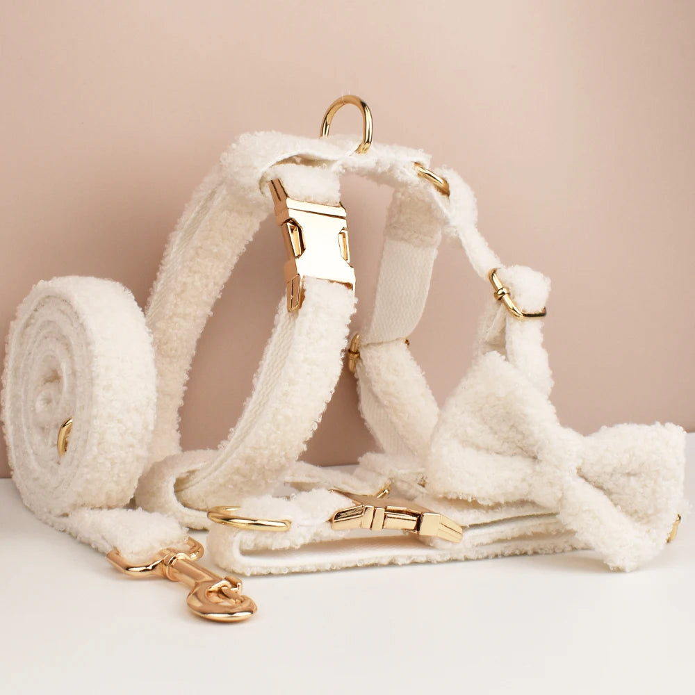 Luxury Teddy dog harness, collar with detachable bow and lead in White and Gold