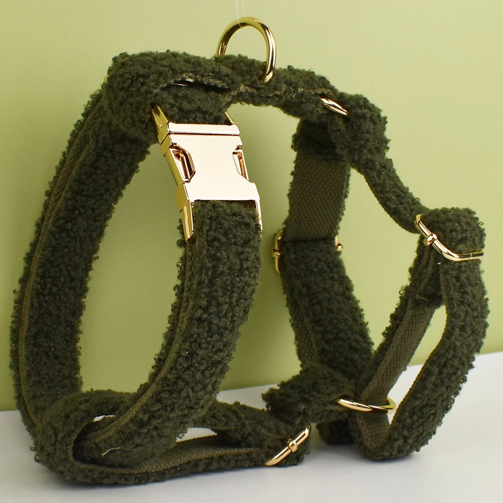 Luxury Teddy dog harness, collar with detachable bow and lead in Green and Gold