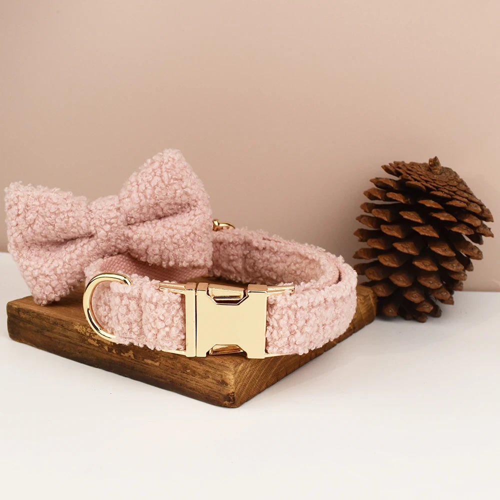 Luxury Teddy dog harness, collar with detachable bow and lead in Pink and Gold