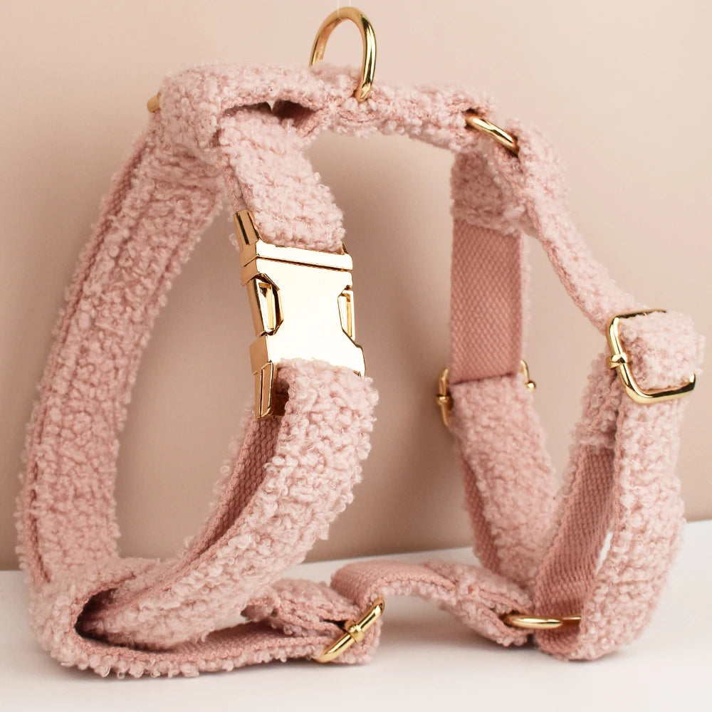 Luxury Teddy dog harness, collar with detachable bow and lead in Pink and Gold