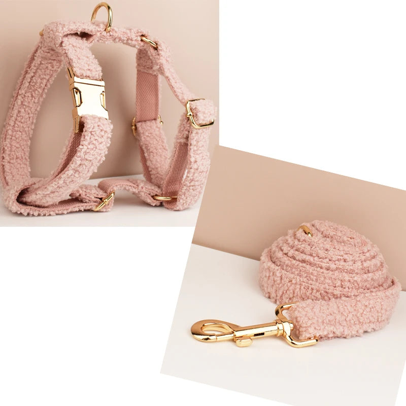 Luxury Teddy dog harness, collar with detachable bow and lead in Pink and Gold