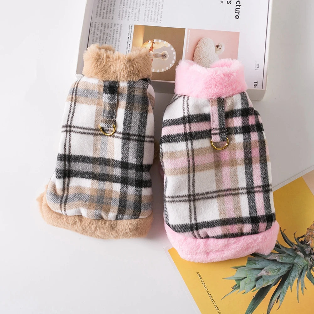 Cozy Winter Pet Jacket – Plaid with Faux Fur Trim