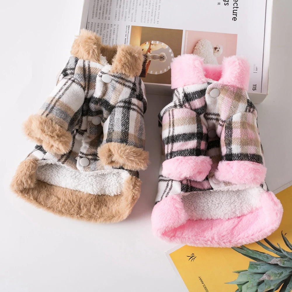 Cozy Winter Pet Jacket – Plaid with Faux Fur Trim
