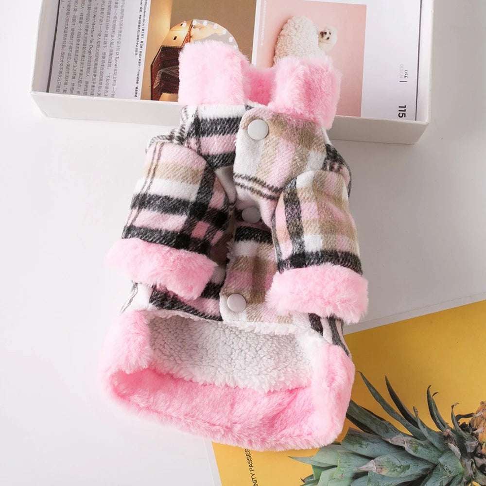 Cozy Winter Pet Jacket – Plaid with Faux Fur Trim