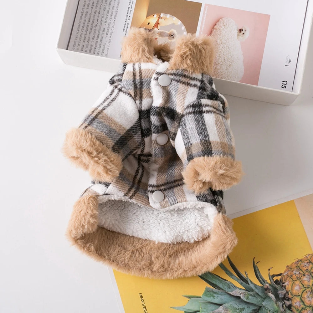 Cozy Winter Pet Jacket – Plaid with Faux Fur Trim